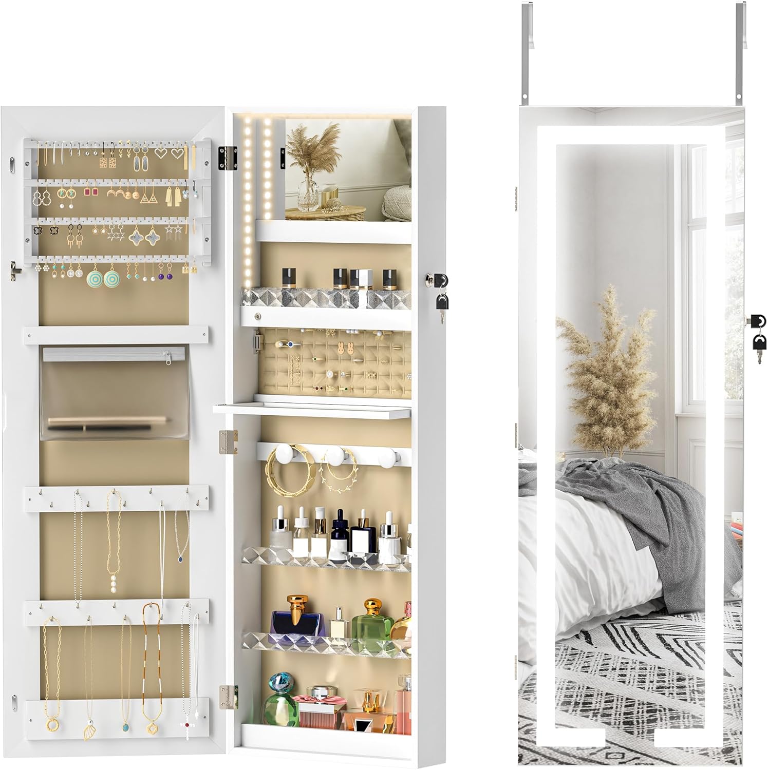 HOMCOM Espejo Joyero de Pared/Puerta con luces LED y cerradura, armario organizador de joyas organizadores de armario
