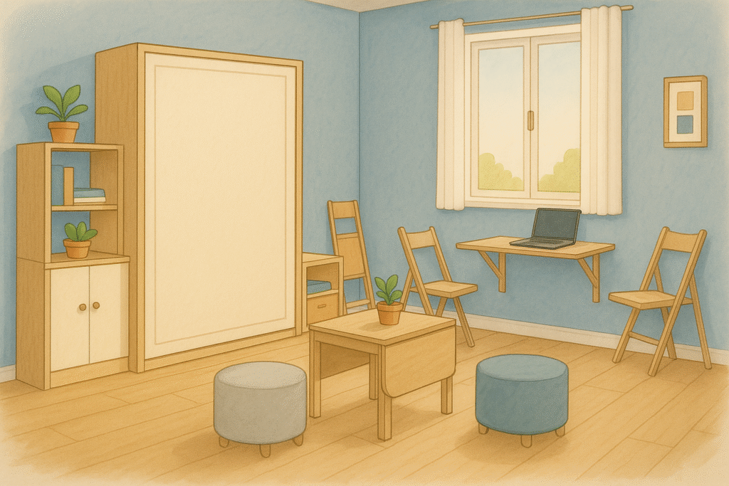 Estudio con cama plegable, escritorio plegable y sillas plegables Muebles plegables