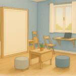 Estudio con cama plegable, escritorio plegable y sillas plegables Muebles plegables