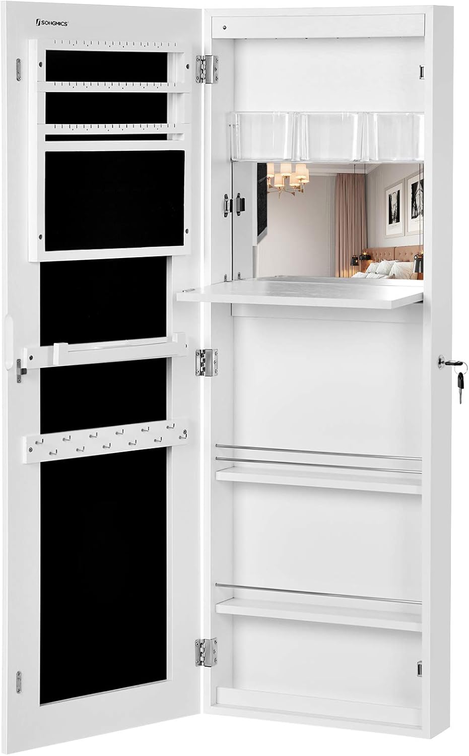 SONGMICS Espejo Joyero de Pared, para colgar en pared o puerta, con cerradura y 2 cajones organizadores de armario