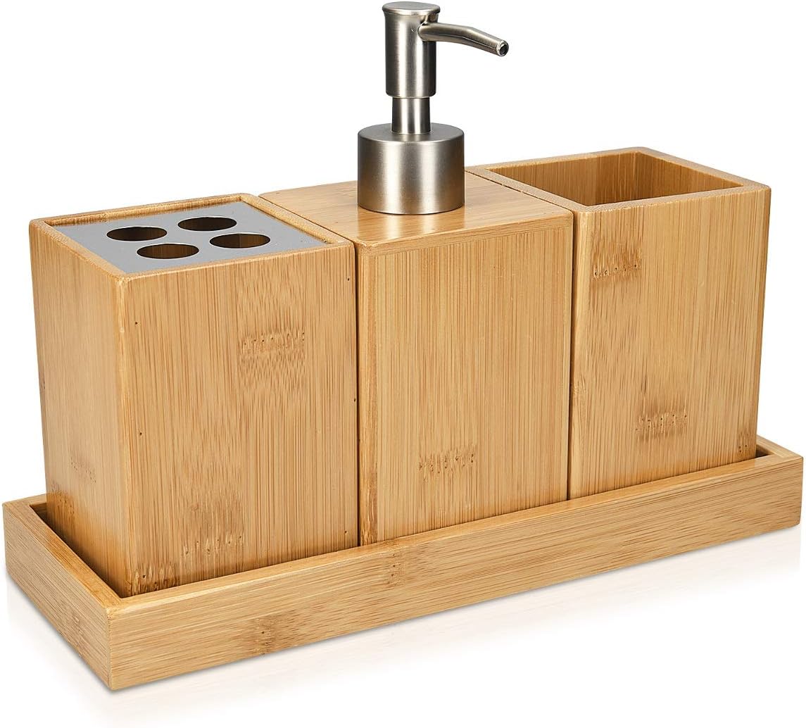 Navaris Set de baño de madera (3 piezas) dispensador + jabonera + portacepillos, acabado dorado organizador de baño