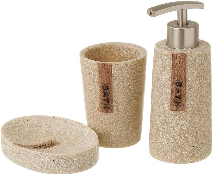 LOLAhome Set de resina beige (3 piezas) dispensador + jabonera + vaso portacepillos organizador de baño