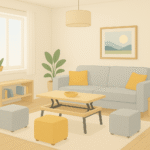 salon ilustrado con muebles con almacenaje.