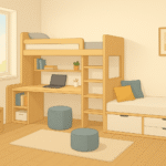 habitación con escritorio y una litera - muebles multifuncionales