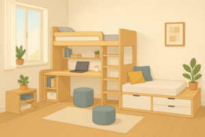 habitación con escritorio y una litera - muebles multifuncionales