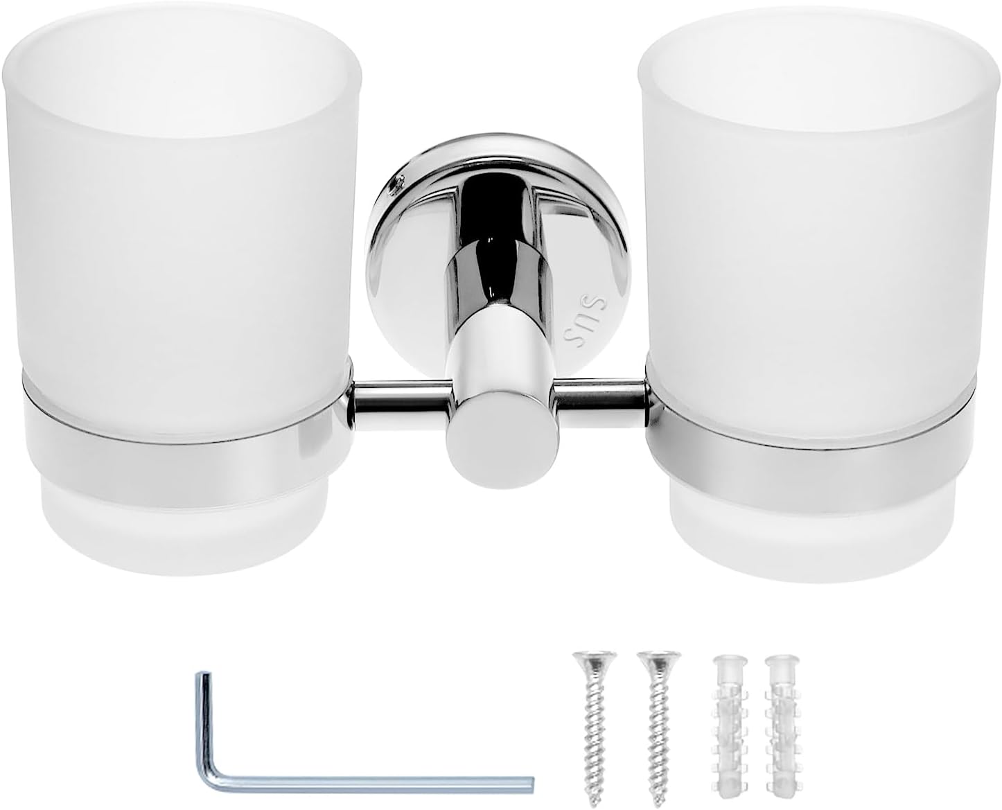 QWORK Portacepillos de Dientes de Pared con 2 vasos (acero inoxidable 304) organizador de baño