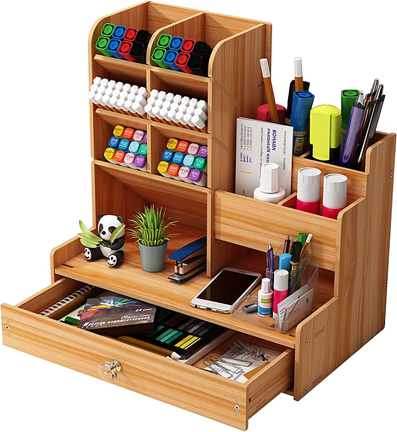 Organizador de escritorio de madera estilo retro con 2 cajones y divisores